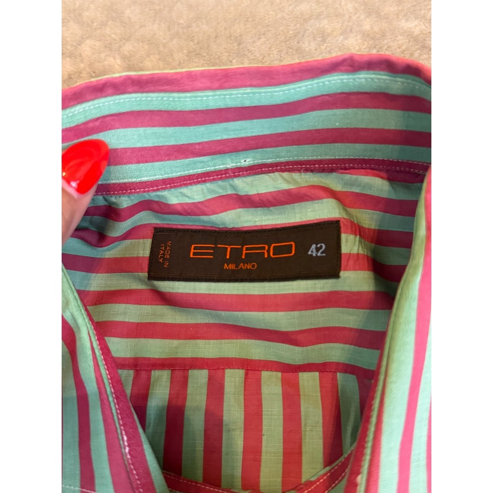 Etro Milano Mens Striped Button Down Shirt Teal Magenta Made‎ in Italy Size 42 - Picture 5 of 7